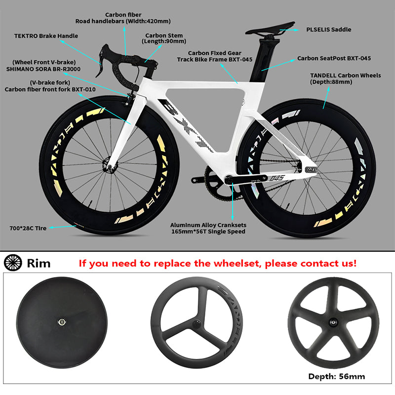 BXT New Carbon Fiber Track Bike with Front V/Rim Brake SORA BR-3000 T800 Carbon 88mm Wheels Fixed Gear Bicycle Single Speed