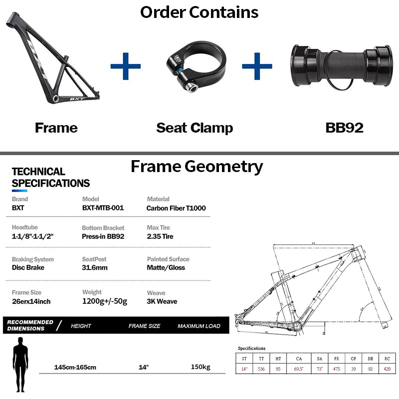 BXT 26er Full Carbon Mountain Bike Frame 14inch Disc Brake Carbon Fiber MTB Frame 3K Weave 26inch Mountain Bicycle Carbon Frame 26er