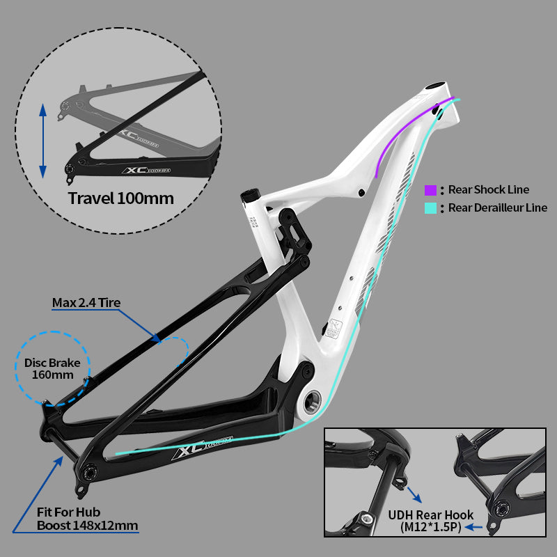 BXT-MTB-107(UDH) 29er Carbon Full Suspension Frame, Boost 148x12mm, 100mm Frame Travel, Disc Brake Compatible