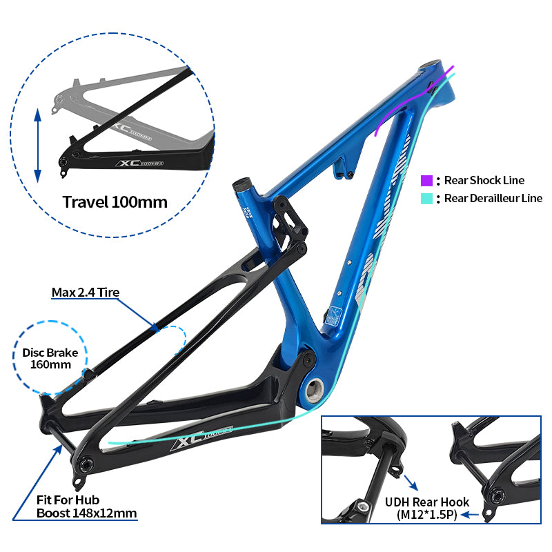 BXT Carbon Fibre T700+T800 29er Full Suspension Mountain Bike Frame, Boost 148x12mm, 100mm Travel, 2025 New Model