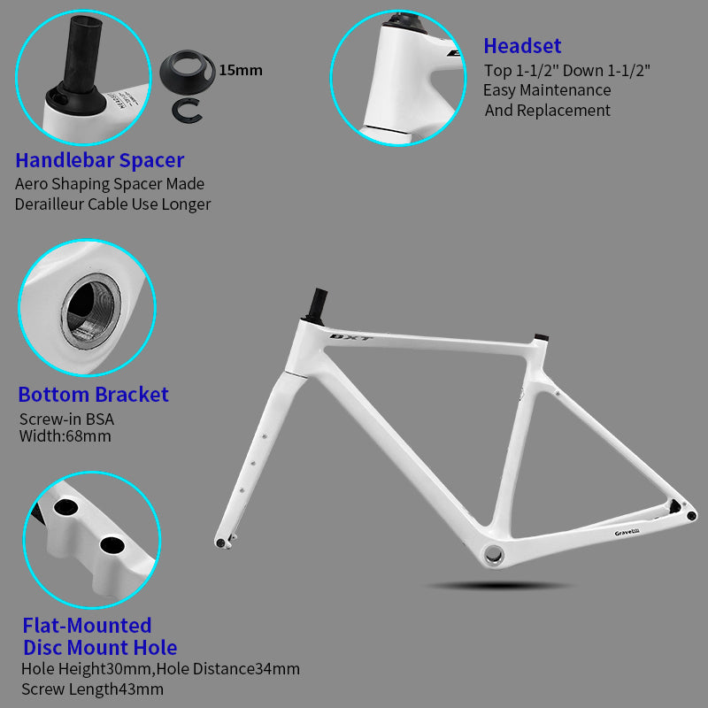 BXT Carbon Gravel Bike Frame UDH Internal Cable Fully Hidden Cable Gravel Bicycle Frameset Road Bike Disc Brake