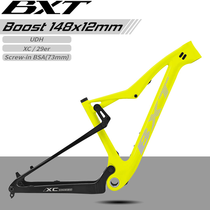 BXT 29er Carbon Full Suspension MTB Frame, Thru Axle Boost 148x12mm, 29er Travel 100mm, UDH Hanger for Mountain Bikes