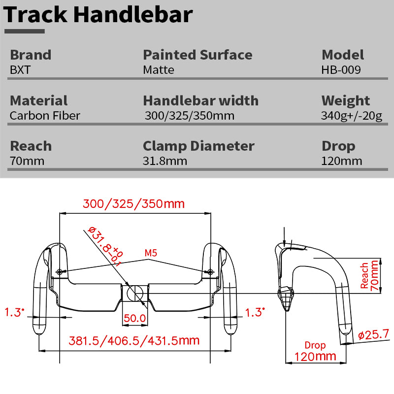 BXT HB-009 Carbon Fiber Track Handlebar 31.8mm Matte Fixed Gear Bike Bar 300/325/350mm