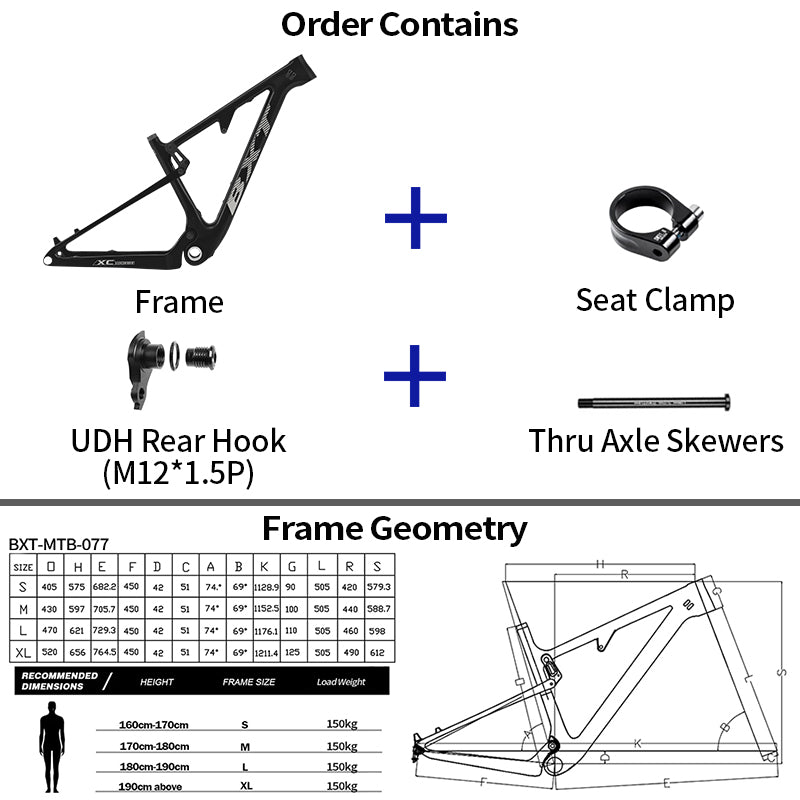BXT Carbon Fibre T700+T800 29er Full Suspension Mountain Bike Frame, Boost 148x12mm, 100mm Travel, 2025 New Model