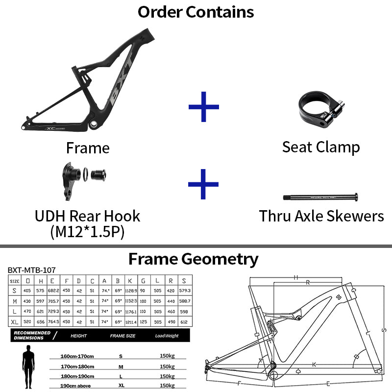 BXT-MTB-107(UDH) 29er Carbon Full Suspension Frame, Boost 148x12mm, 100mm Frame Travel, Disc Brake Compatible