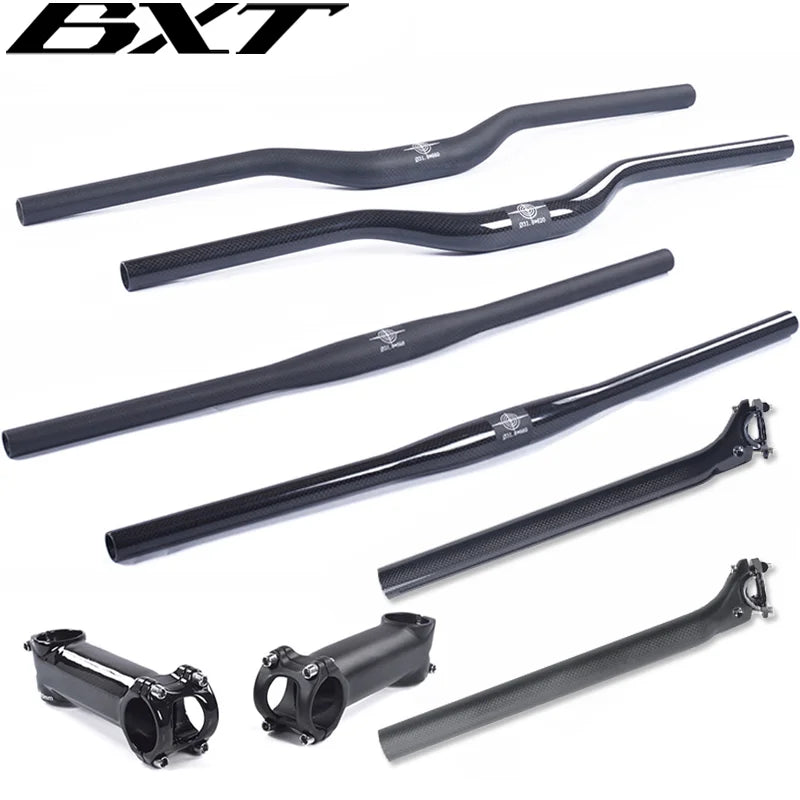 Carbon Fiber MTB Bicycle Parts Set, Flat or Riser Handlebar, Handlebar + Stem + Seatpost, 3K Glossy, Matte,
