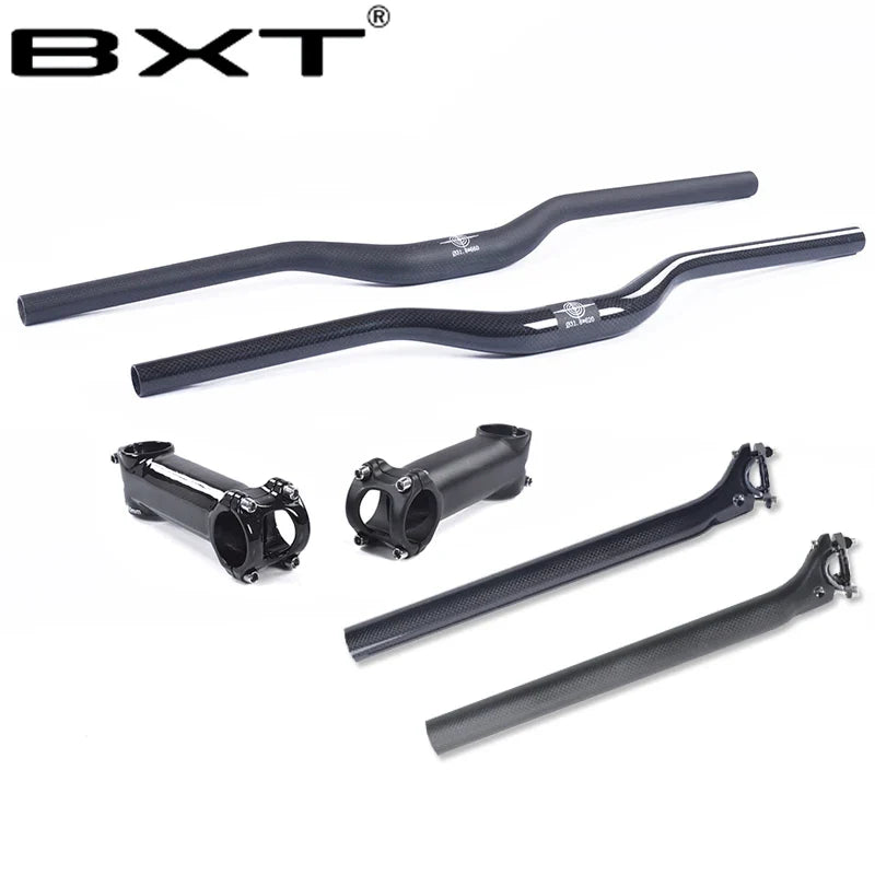 Carbon Fiber MTB Bicycle Parts Set, Flat or Riser Handlebar, Handlebar + Stem + Seatpost, 3K Glossy, Matte,