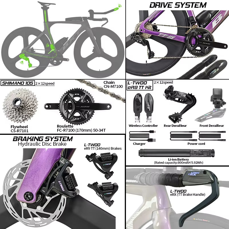 BXT Carbon Triathlon Time Trial Bike – L-TWOO ER9 2x12 Electronic Wireless Shifting, 24-Speed Carbon Fiber TT Road Bicycle with Wheels