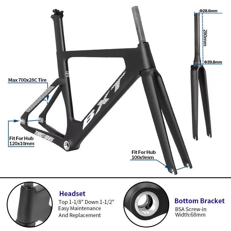 BXT Full Carbon Track Bicycle Frameset with Fork Seatpost Fixed Gear Racing Bicycle Frame Track bike frame BXT-Track-045 700C