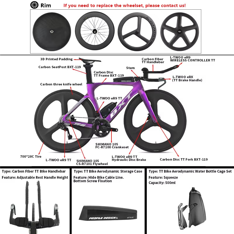 BXT Carbon Triathlon Time Trial Bike – L-TWOO ER9 2x12 Electronic Wireless Shifting, 24-Speed Carbon Fiber TT Road Bicycle with Wheels