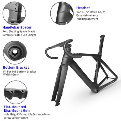 BXT-Fully Hidden Carbon Disc Brake Road Bike Frame, Bicycle Bottom Bracket, BSA T47 Cyclocross Frameset, Max 700 x 32C