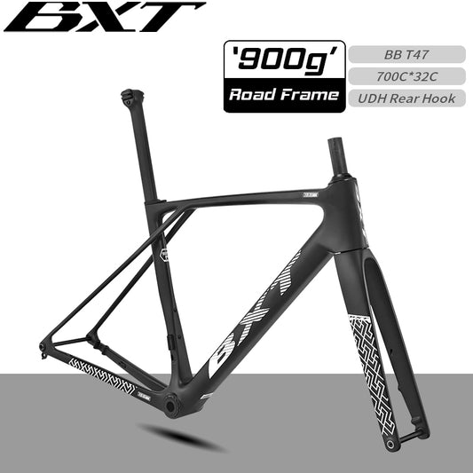 BXT New Ultralight 900g Carbon Road Bike Frameset with Disc Brakes, Flat-Mounted Disc Brake, 700x32C Semi-Hidden External Wiring