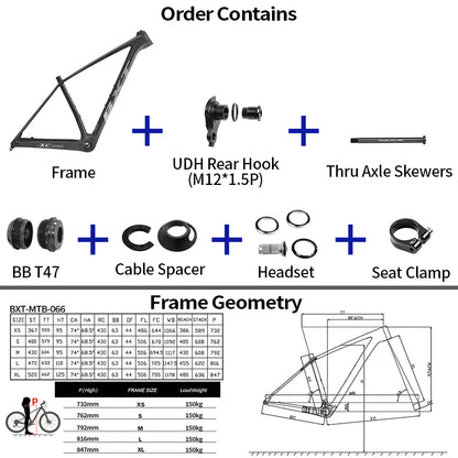 BXT Full Carbon T1000 29er MTB Frame - Boost Geometry, Internal Routing, UDH Hanger, Hardtail, XS-XL Sizes