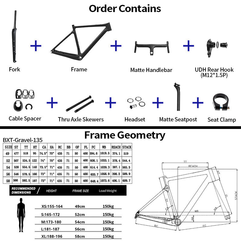 BXT Gravel Carbon Fiber Bike Frame UDH Road Bike Disc Brake Bicycle Frameset 700x45C T1000 Carbon Fiber
