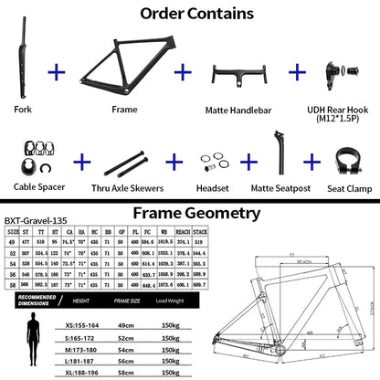 BXT Gravel Carbon Fiber Bike Frame UDH Road Bike Disc Brake Bicycle Frameset 700x45C T1000 Carbon Fiber