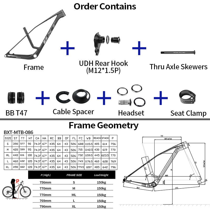 BXT 2026 New 29er Boost Carbon MTB Frame UDH Hanger Full Integrated Cable Hardtail Mountain Bike Frameset T47 24mm/29mm