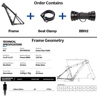 BXT 26er MTB Mountain Bike Frame 14inch Full Carbon Kids Bike Frame 160mm Disc Brake Carbon Fiber MTB Bicycle Frame