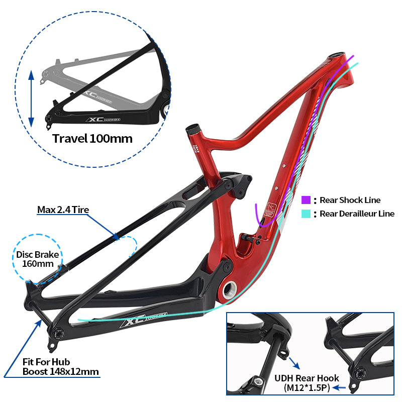 BXT 2025 UDH Hanger Carbon Full Suspension MTB Frame,  UDH Hanger，29er Travel, 100mm, Mountain Bicycle,Boost 148*12mm