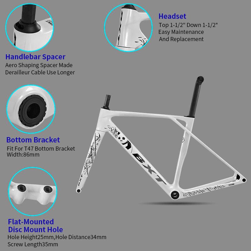 BXT New Ultralight 900g Carbon Road Bike Frameset with Disc Brakes, Flat-Mounted Disc Brake, 700x32C Semi-Hidden External Wiring