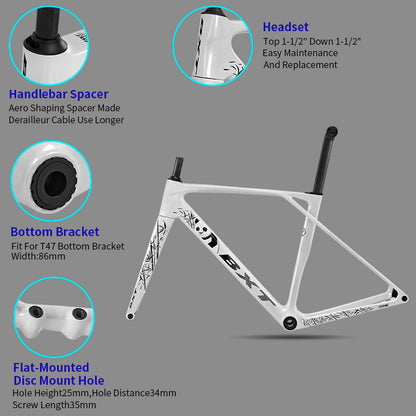BXT New Ultralight 900g Carbon Road Bike Frameset with Disc Brakes, Flat-Mounted Disc Brake, 700x32C Semi-Hidden External Wiring