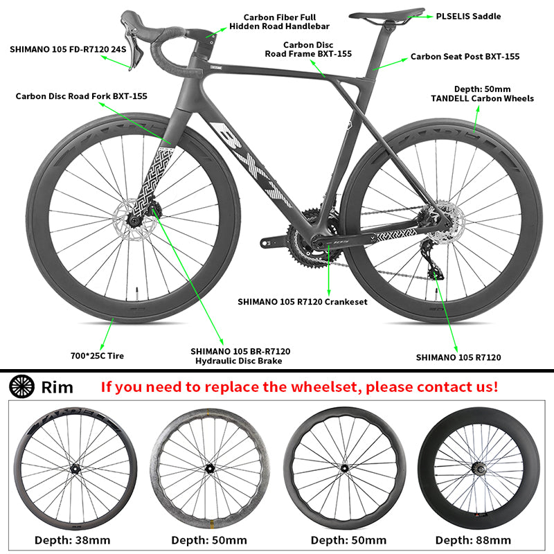 BXT New Model-155 Road Bike, Carbon Fiber Frame Fork Handlebar use Shimano 105 R7120 24Speed Shift Kit Bicycle Adult Racing Bike