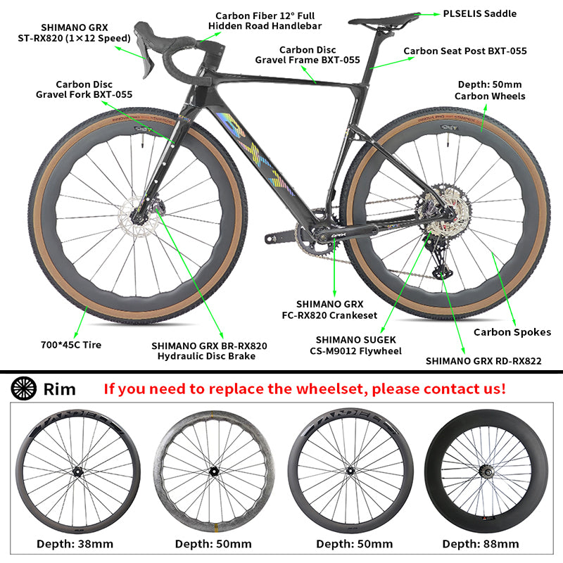 BXT New 055 Gravel Bike Full Carbon Shimano GRX820 1*12 Speed Gearset Bicycle 700*45C  All-Terrain Off-Road Bike
