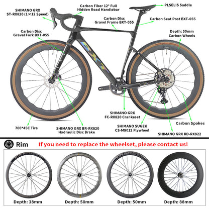 BXT New 055 Gravel Bike Full Carbon Shimano GRX820 1*12 Speed Gearset Bicycle 700*45C  All-Terrain Off-Road Bike