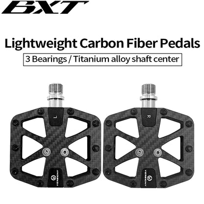 BXT Ultralight T700 Carbon Fiber Bicycle Pedals Titanium Axle 3 Bearings Pedals MTB Road Bike Lightweight Flat Pedals