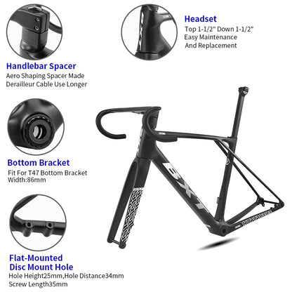 BXT 2026 New Ultralight 900g T1000 Carbon Road Bike Frameset with Disc Brakes, Flat-Mounted Disc Brake, T47, 700x32C BXT Road Bike Frame