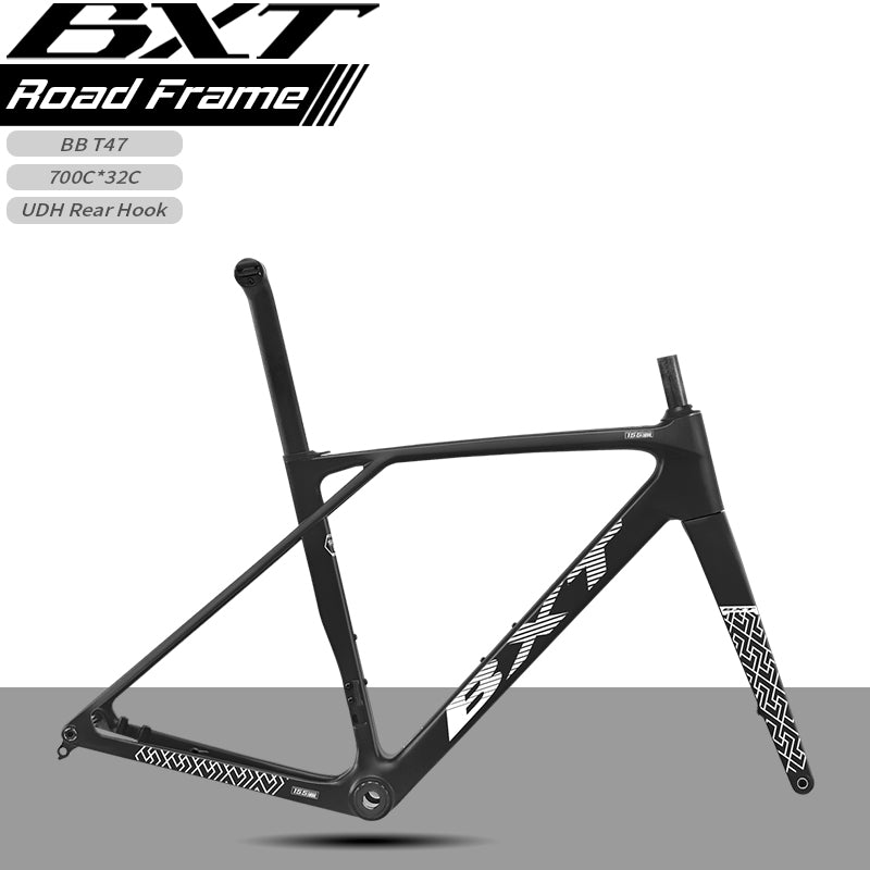 BXT New Ultralight 1050g Carbon Road Bike Frameset with Disc Brakes, Flat-Mounted Disc Brake, 700x32C Semi-Hidden External Wiring