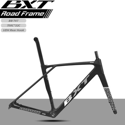 BXT New Ultralight 1050g Carbon Road Bike Frameset with Disc Brakes, Flat-Mounted Disc Brake, 700x32C Semi-Hidden External Wiring