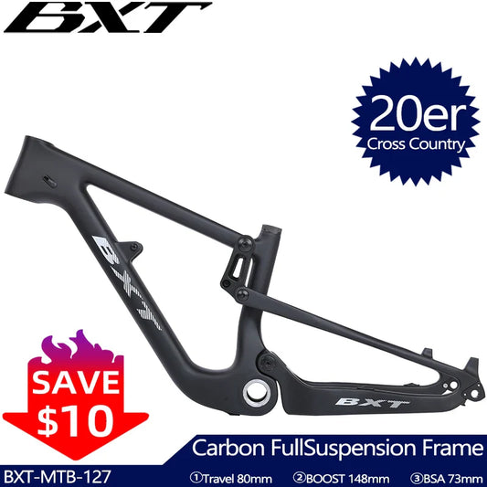 BXT 20er Carbon Full Suspension MTB Frame XC Travel 80mm Full Suspension Mountain Bike Carbon Frame 20inch Suitable Height 120-135cm