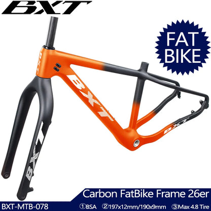 BXT 26er full carbon snow fat bike frame fit max 4.8 tires carbon bicycle Frame 160mm disc brake BSA snow frameset