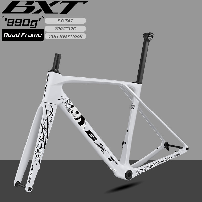 BXT New Ultralight 900g Carbon Road Bike Frameset with Disc Brakes, Flat-Mounted Disc Brake, 700x32C Semi-Hidden External Wiring