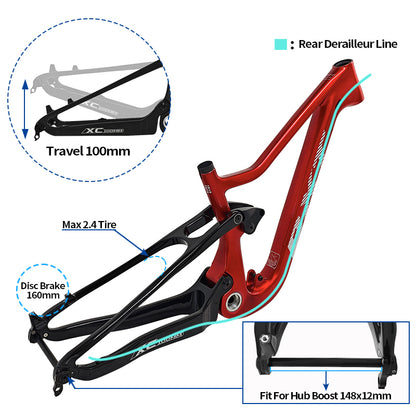 BXT Carbon Fiber Full Suspension Mountain Bike Frame 24er Travel 90mm XC Carbon Suspension Bicycle Frame Rear Shock 165mm