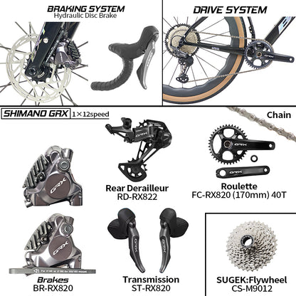 BXT New 055 Gravel Bike Full Carbon Shimano GRX820 1*12 Speed Gearset Bicycle 700*45C  All-Terrain Off-Road Bike