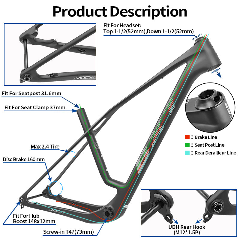 BXT 2026 New 29er Boost Carbon MTB Frame UDH Hanger Full Integrated Cable Hardtail Mountain Bike Frameset T47 24mm/29mm