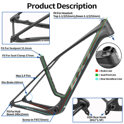 BXT 2026 New 29er Boost Carbon MTB Frame UDH Hanger Full Integrated Cable Hardtail Mountain Bike Frameset T47 24mm/29mm