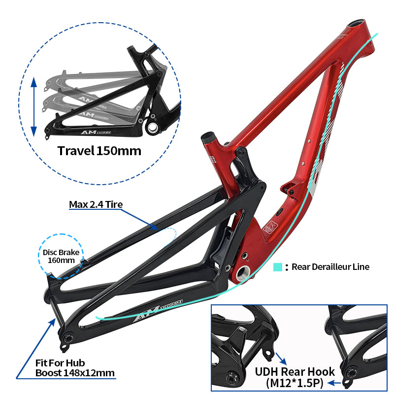 BXT All Mountain Full Suspension Carbon Frame Travel 150mm 29er Thru Axle Boost 12x148mm Carbon Full Suspension MTB Frame 29 AM  UDH Hanger