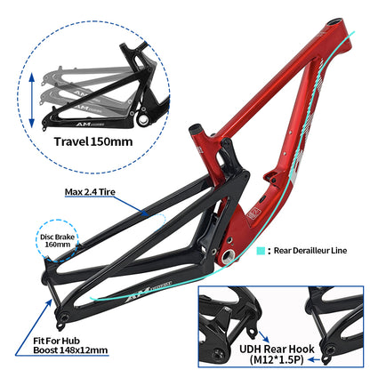 BXT All Mountain Full Suspension Carbon Frame Travel 150mm 29er Thru Axle Boost 12x148mm Carbon Full Suspension MTB Frame 29 AM  UDH Hanger