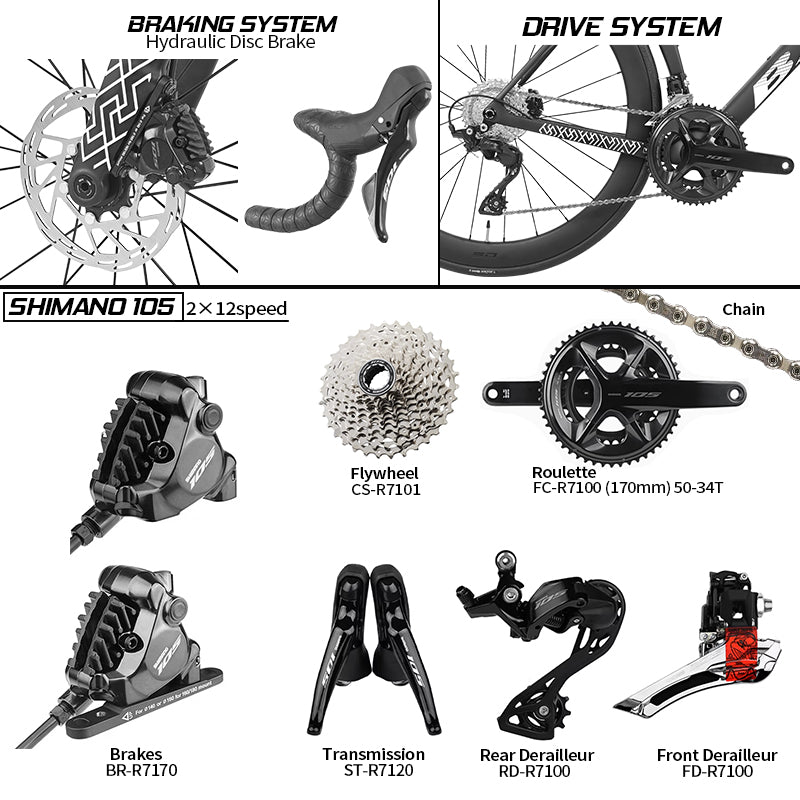 BXT New Model-155 Road Bike, Carbon Fiber Frame Fork Handlebar use Shimano 105 R7120 24Speed Shift Kit Bicycle Adult Racing Bike