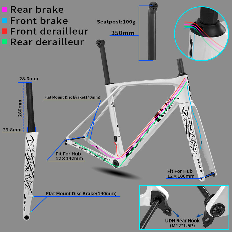 BXT New Ultralight 900g Carbon Road Bike Frameset with Disc Brakes, Flat-Mounted Disc Brake, 700x32C Semi-Hidden External Wiring