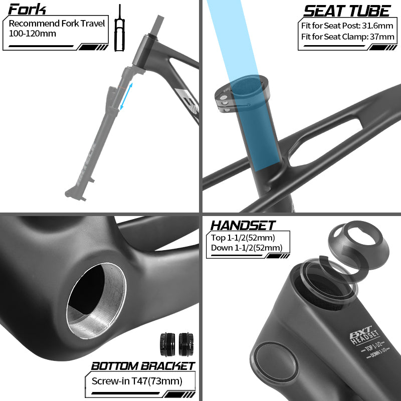 BXT 2026 New 29er Boost Carbon MTB Frame UDH Hanger Full Integrated Cable Hardtail Mountain Bike Frameset T47 24mm/29mm