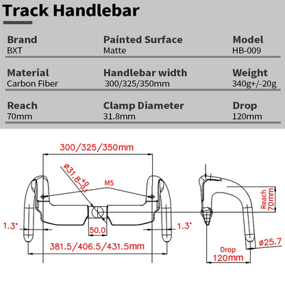 BXT HB-009 Carbon Fiber Track Handlebar 31.8mm Matte Fixed Gear Bike Bar 300/325/350mm