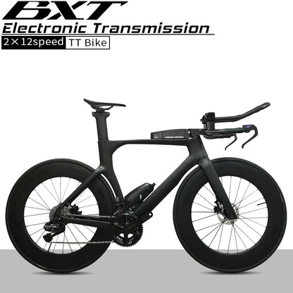 BXT Carbon Triathlon Time Trial Bike – L-TWOO ER9 2x12 Electronic Wireless Shifting, 24-Speed Carbon Fiber TT Road Bicycle with Wheels