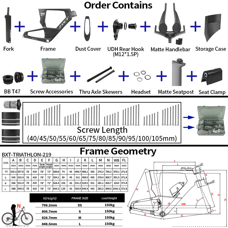 BXT 2026 New Carbon Fiber Triathlon Bike Frame Set with TT Handlebars, TT Track Aerial Handlebars, and Bicyele Disc Brakes.