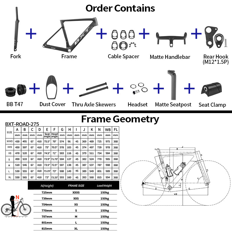 BXT 2026 New Road Bike Frame Carbon XXXS/XXS/XS/S/M/L/XL T47 Disc Brake Ultra Light Weight Seatpost Cycling Parts Bicycle Frameset
