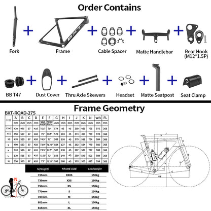 BXT 2026 New Road Bike Frame Carbon XXXS/XXS/XS/S/M/L/XL T47 Disc Brake Ultra Light Weight Seatpost Cycling Parts Bicycle Frameset