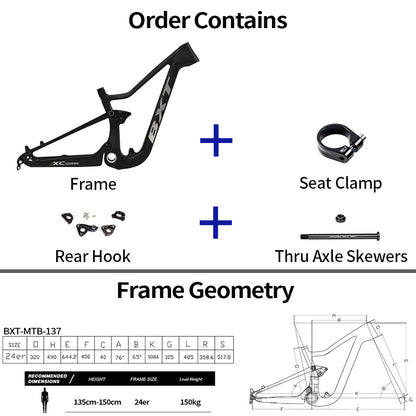 BXT Full Suspension Carbon Frames 24er Mountain Children Bicycle Bike Frame Thru Axle