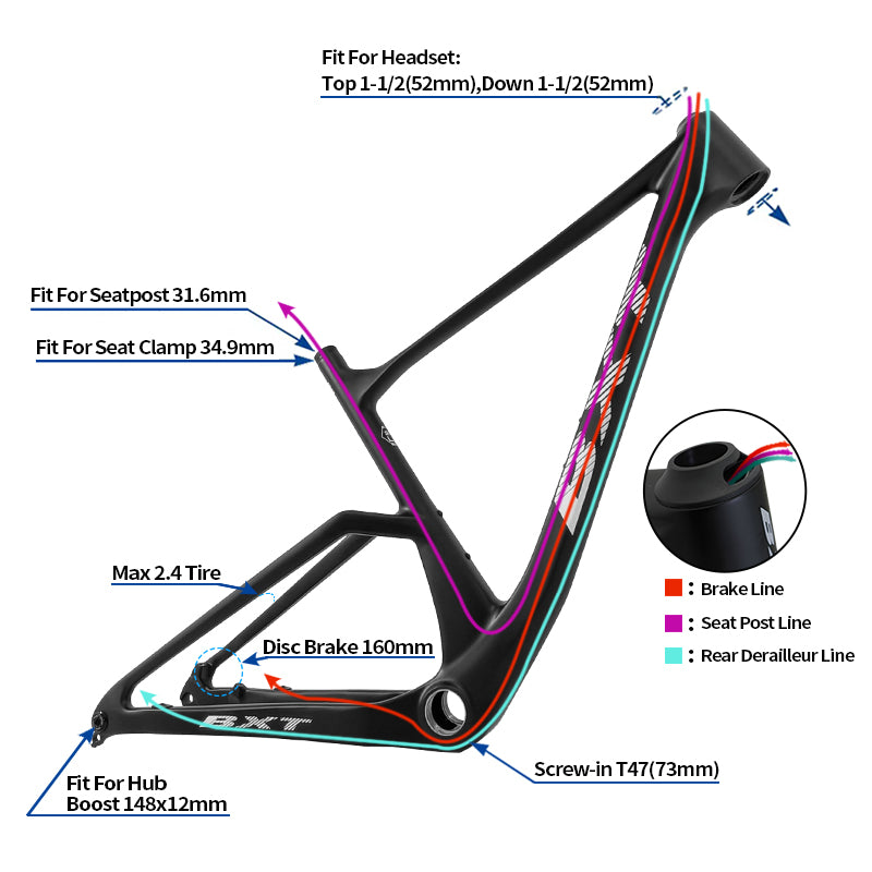 BXT 2025 New Full Carbon Mountain Bike Frame UDH Hanger 12x148mm Boost Full Internal Routing 29er MTB Carbon Frame Screw-in T47 UDH hanger